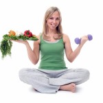 一个妇女的图象有杠铃和健康食物的妇女说明了与记忆宫殿训练和健身有关的概念