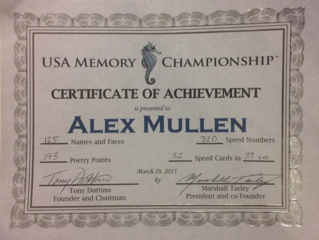 亚历克斯·马伦的美国记忆冠军成就证书