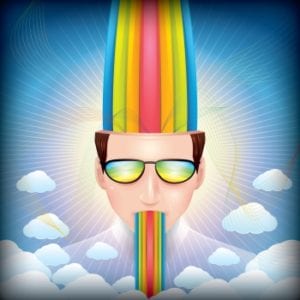 一个人的图象有通过他的头的彩虹的彩虹说明与成人彩书有关的概念