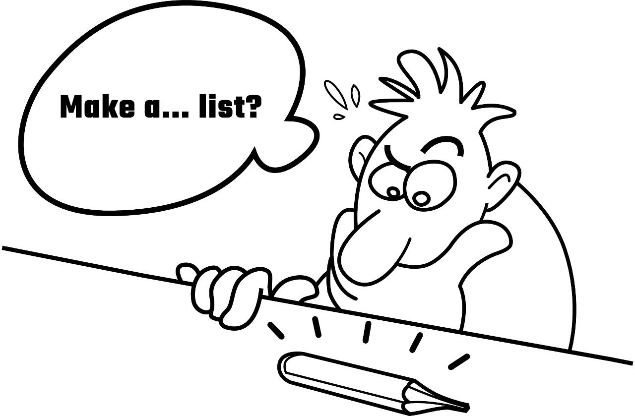 这幅漫画描绘了一个男人在做一份简单的PAO清单