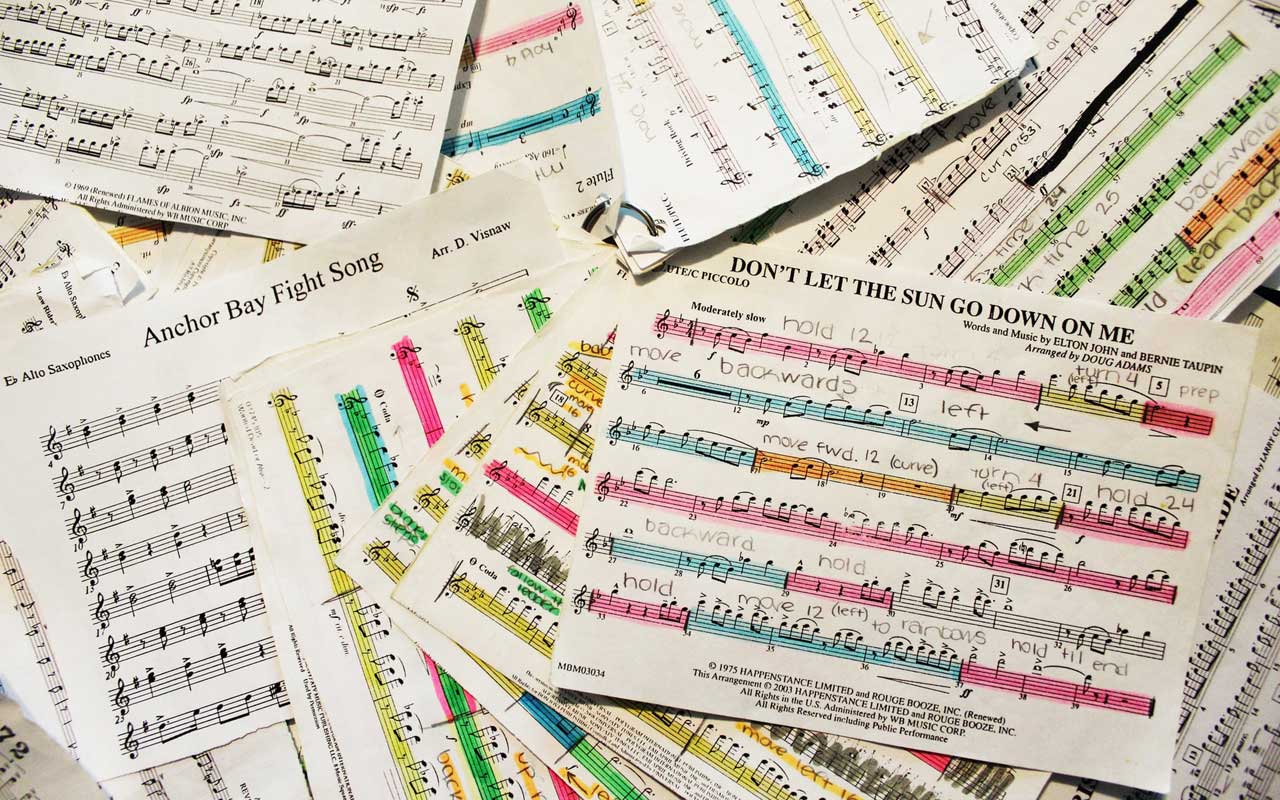 一堆高亮的乐谱;学习如何记住一首歌的技巧。