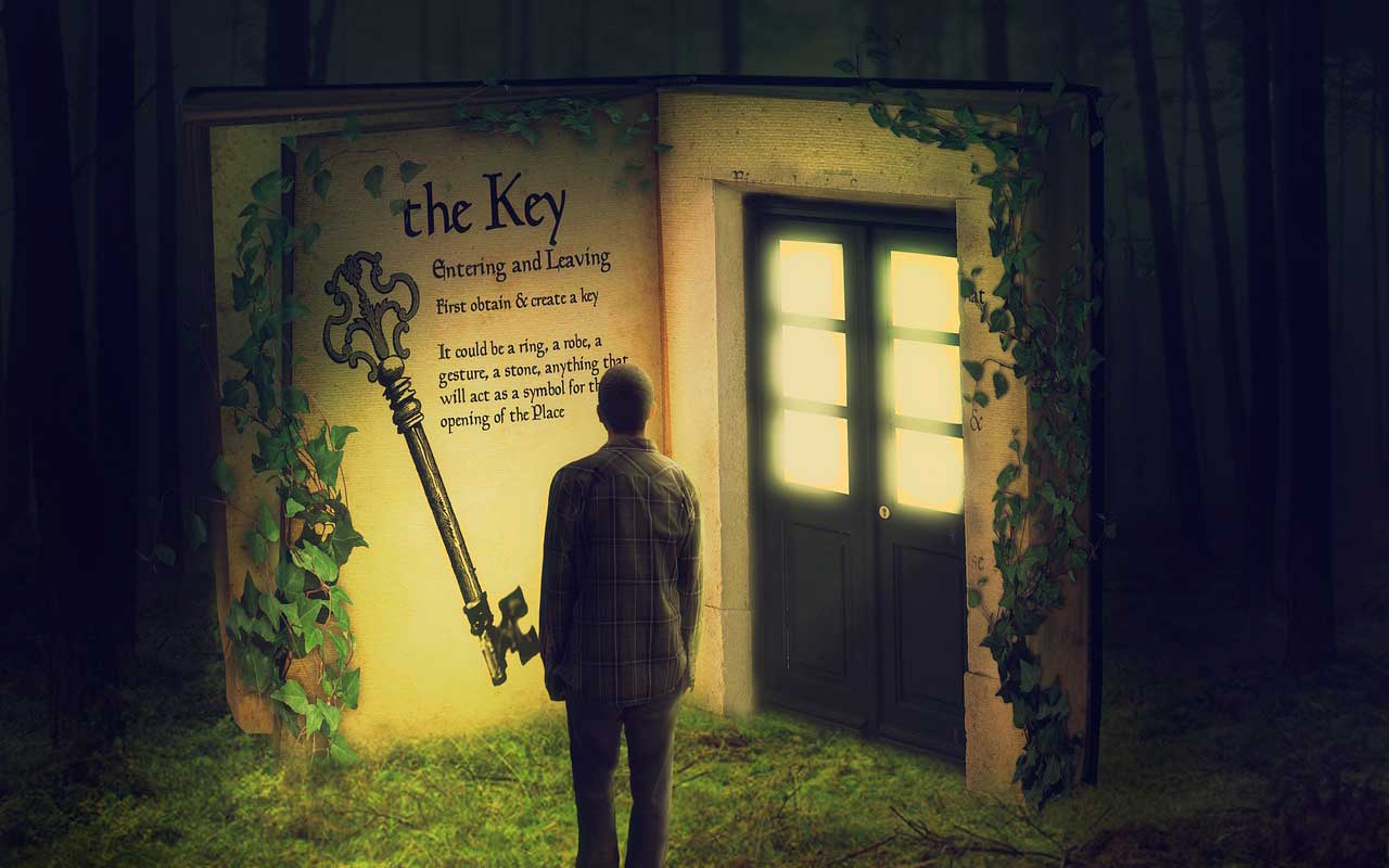 一个男人站在门口看着钥匙的插图，就像你可以用来学习如何记住歌词的图像。