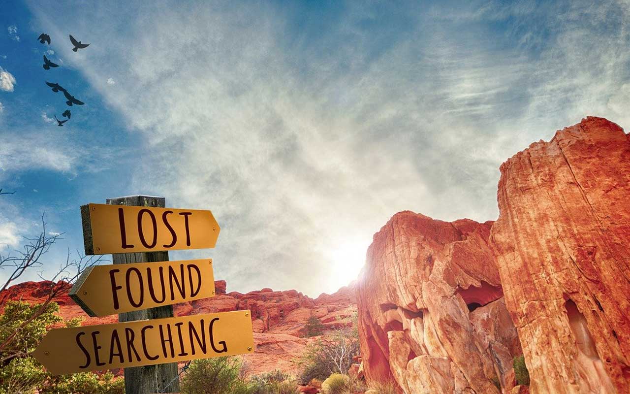 在沙漠天空的映衬下，一个路标写着失落、找到、寻找。