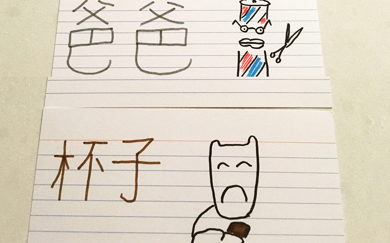 中国语言学习抽认卡。Anthony使用像这些这样的图像快速达到流利程度。