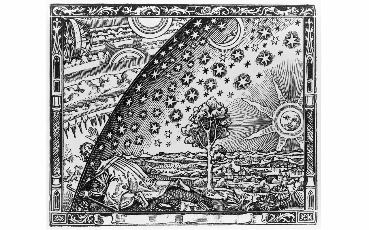 看远远超出了已知的太阳系的Giordano Bruno的疯狂木刻。布鲁诺可能没有遇到如何记住行星的困难。